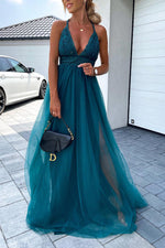 Tulle Mesh V Neck Maxi Dress