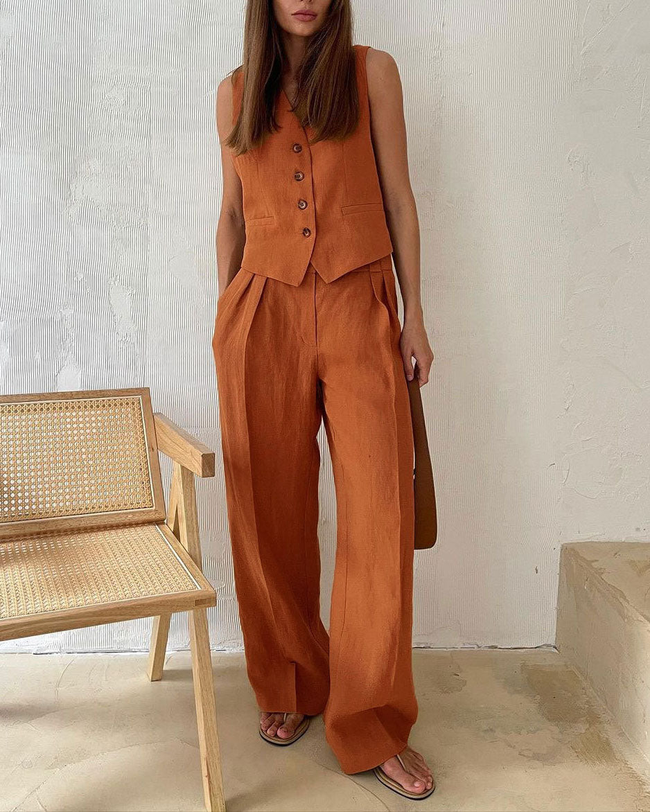 Comfortable Sleeveless Vest and Pants Linen Two Piece Suits