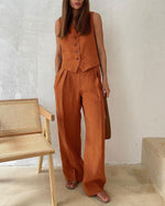 Comfortable Sleeveless Vest and Pants Linen Two Piece Suits