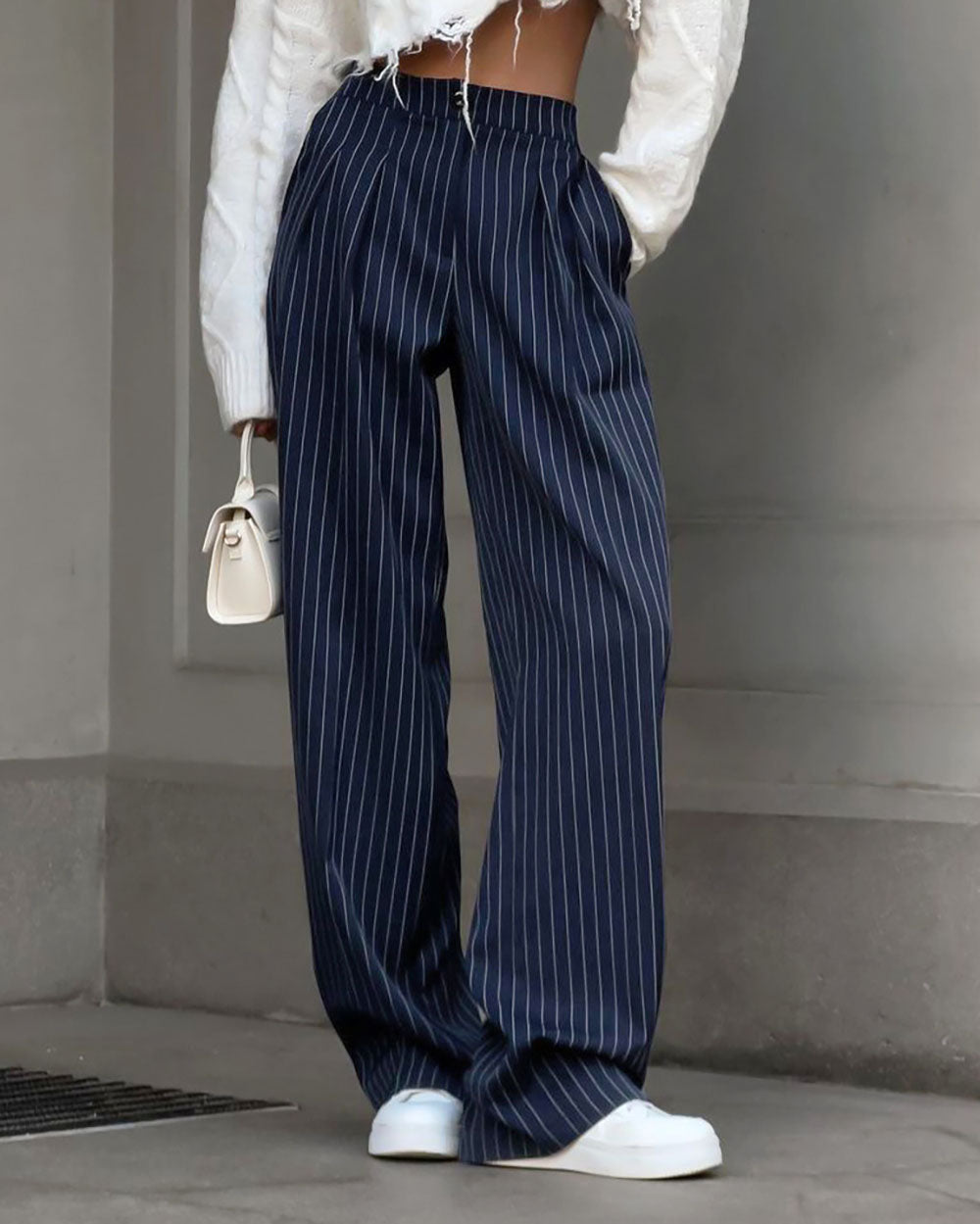 Navy Striped Wide-Leg Pants