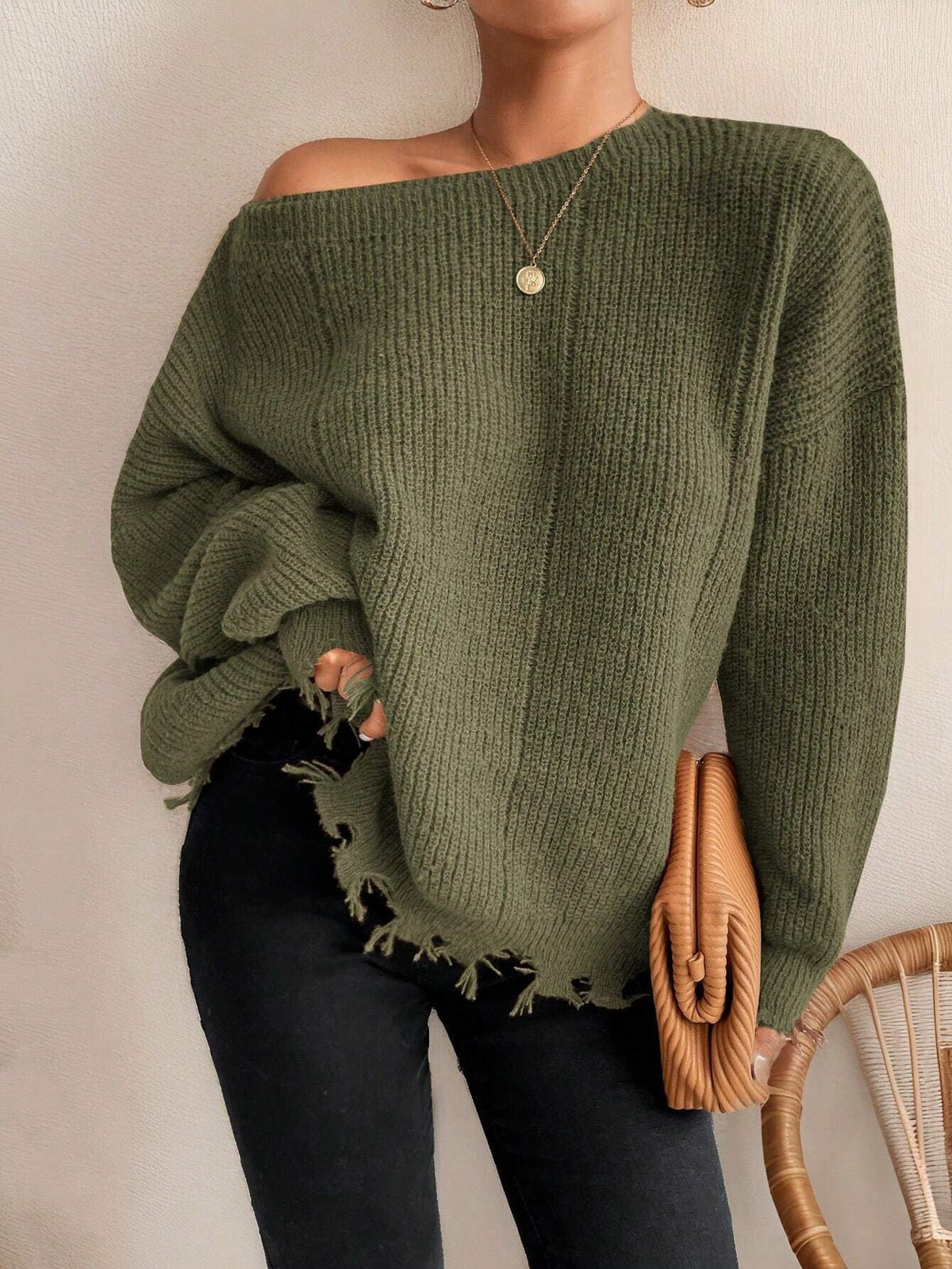 Solid Ripped Bottom Hemline Knit Sweater