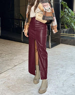Wine Red Faux Leather Split Midi Skirt