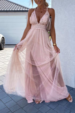 Tulle Mesh V Neck Maxi Dress