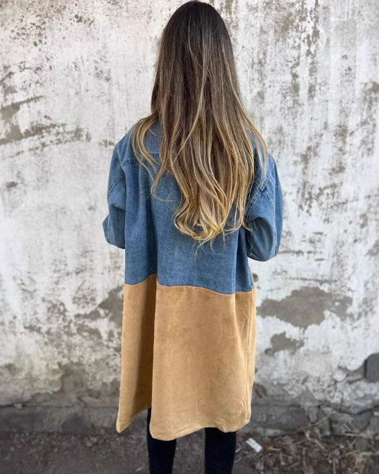 Denim Patchwork Long Trench Coat