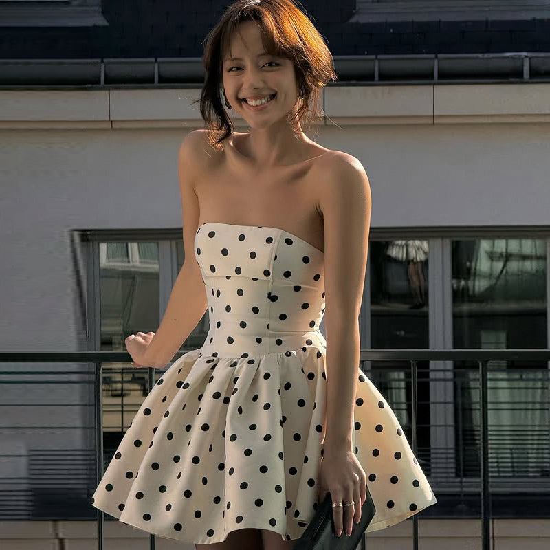 Beige Polka Dot Strapless Mini Dress