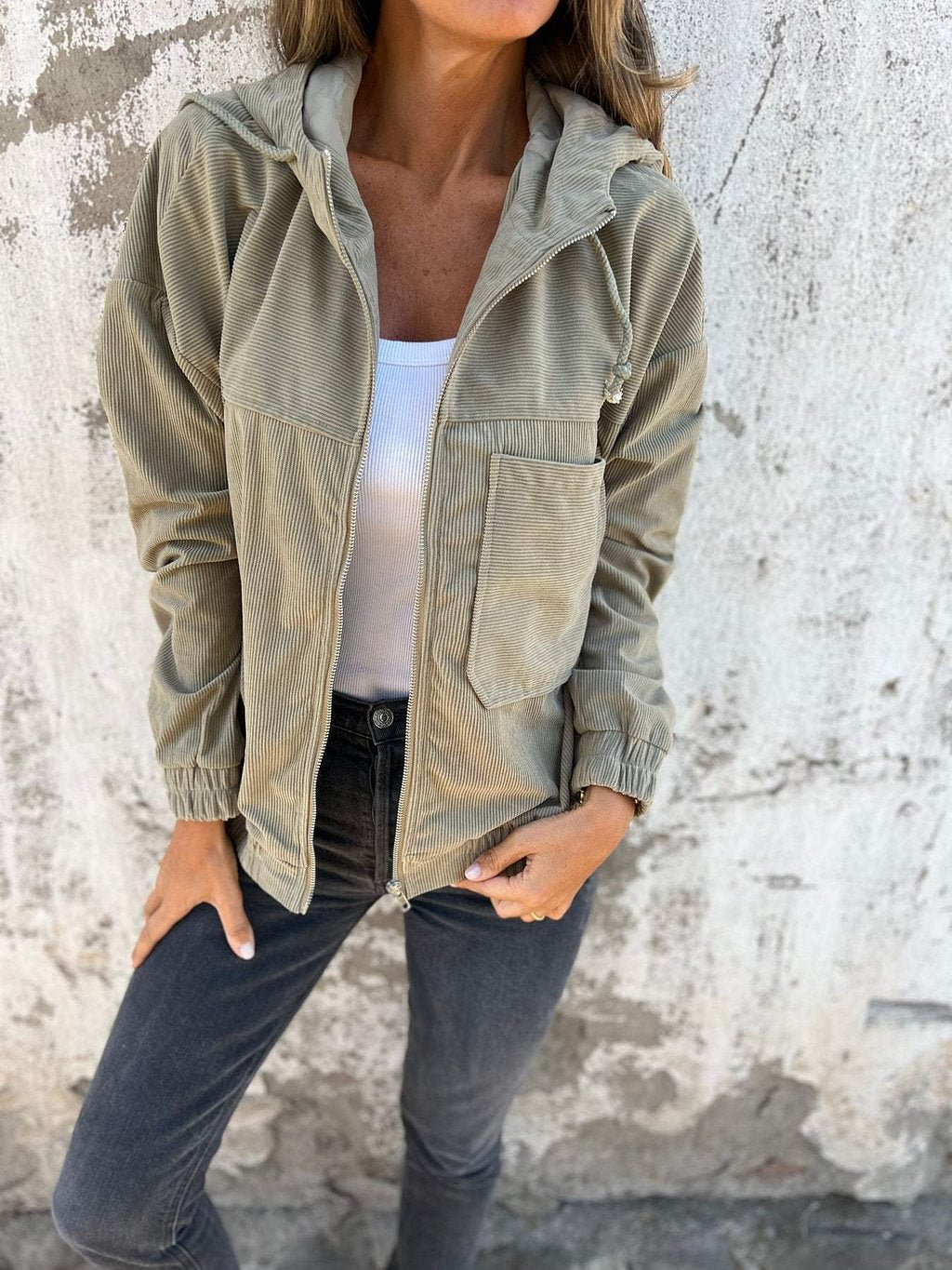 Casual Corduroy Hooded Zip-Up Jacket