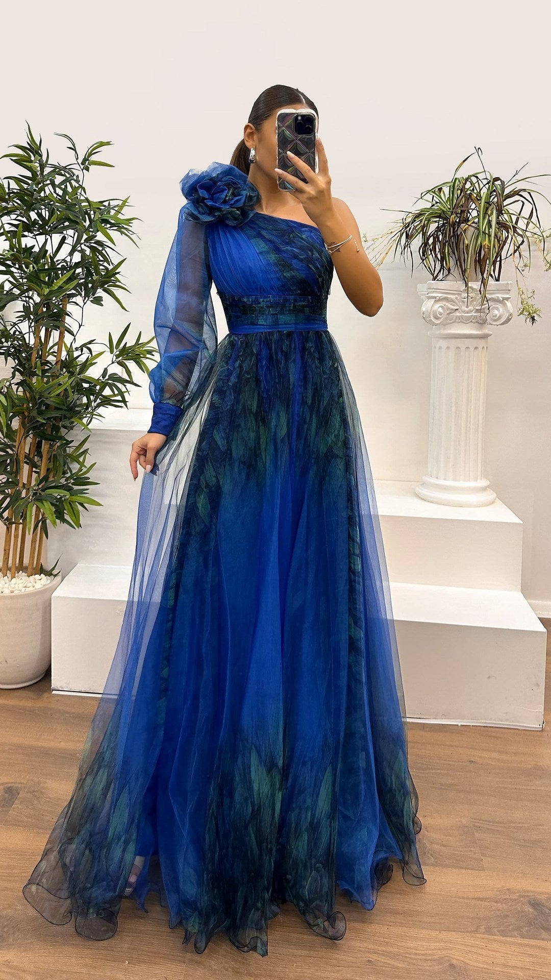 Rosette One-shoulder Mesh Maxi Dress
