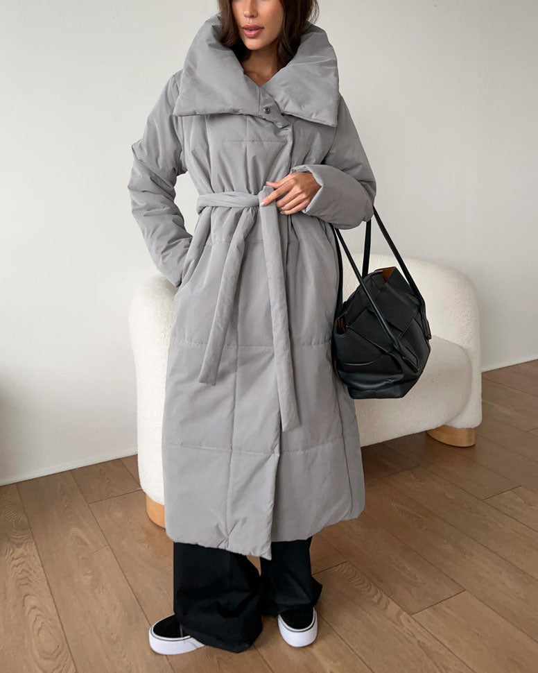 Large Lapel Tie Belted Long Cotton-Pad coat