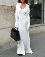 White Knit Midi Dress and Long Cardigan Two Piece Suit