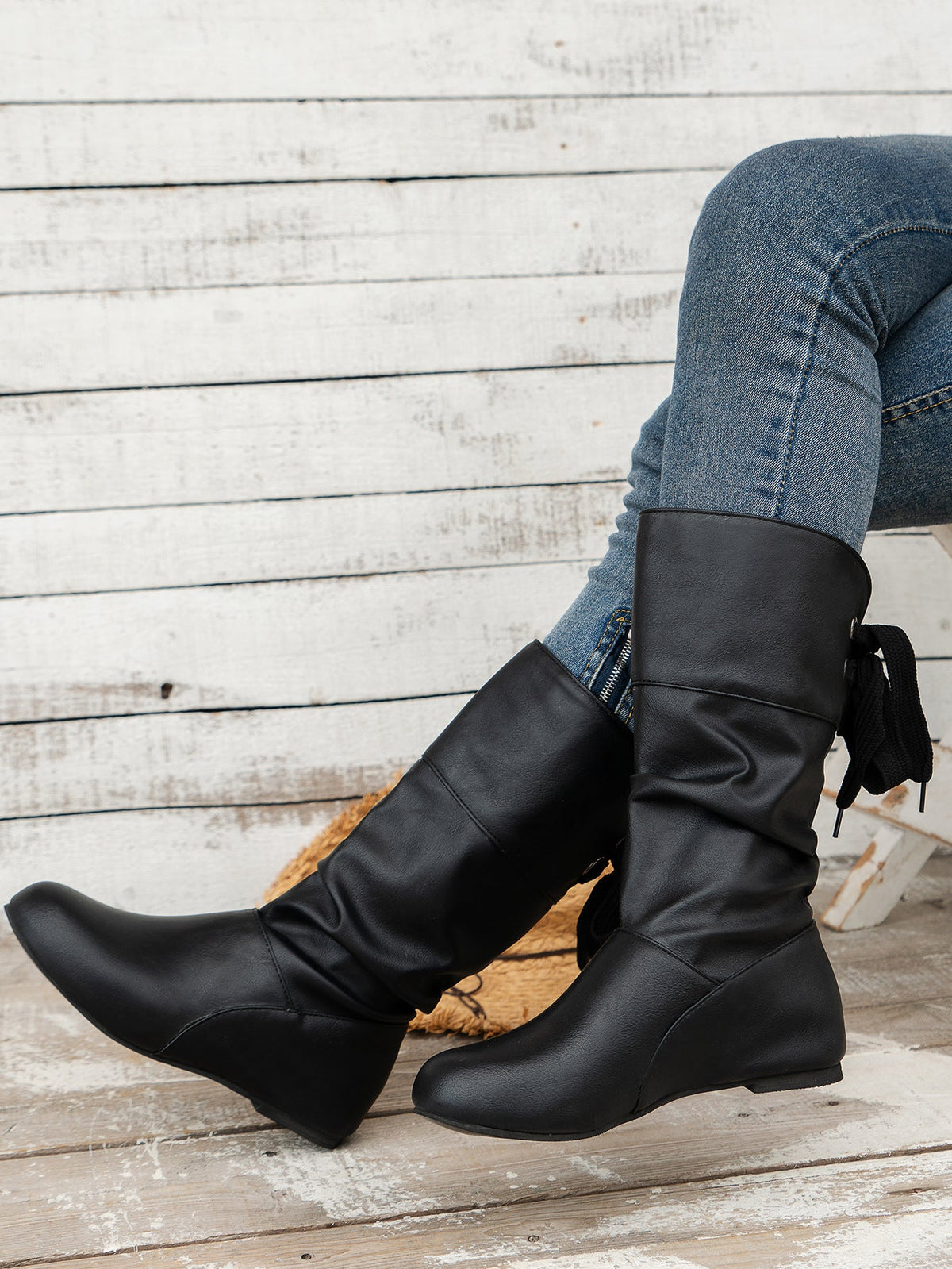 Back-Tie Trim Mid-Calf Leather Boots