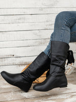 Back-Tie Trim Mid-Calf Leather Boots