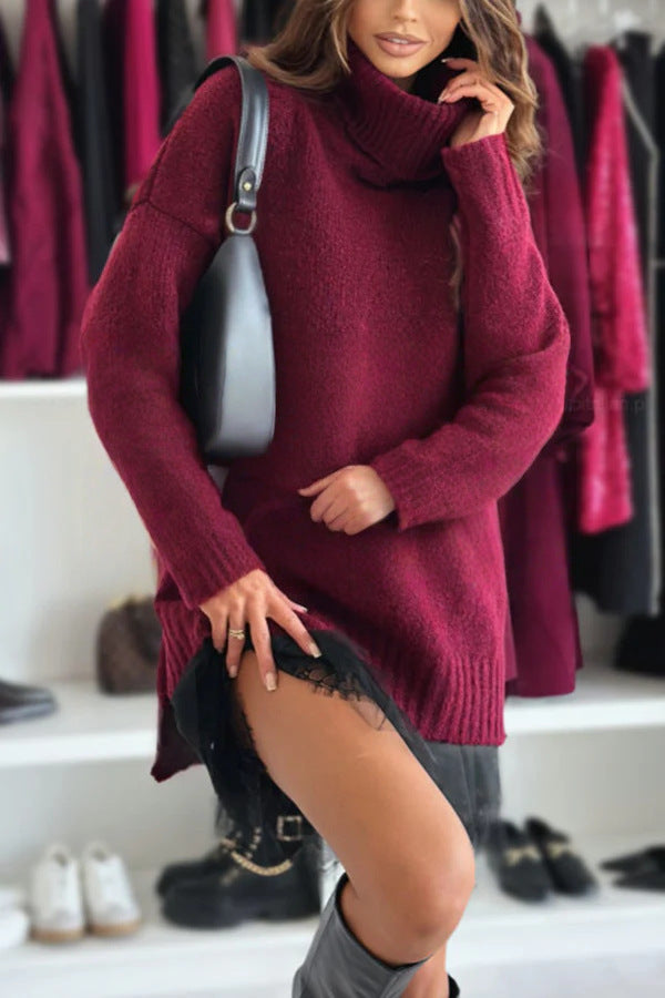 Slouchy Turtleneck Knit Sweater Dress