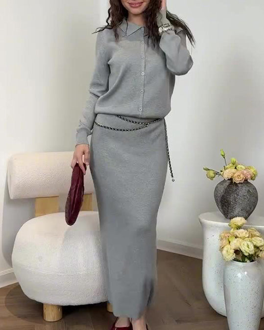 Solid Button Down Sweater and Midi Skirt Knit Two-Piece Set