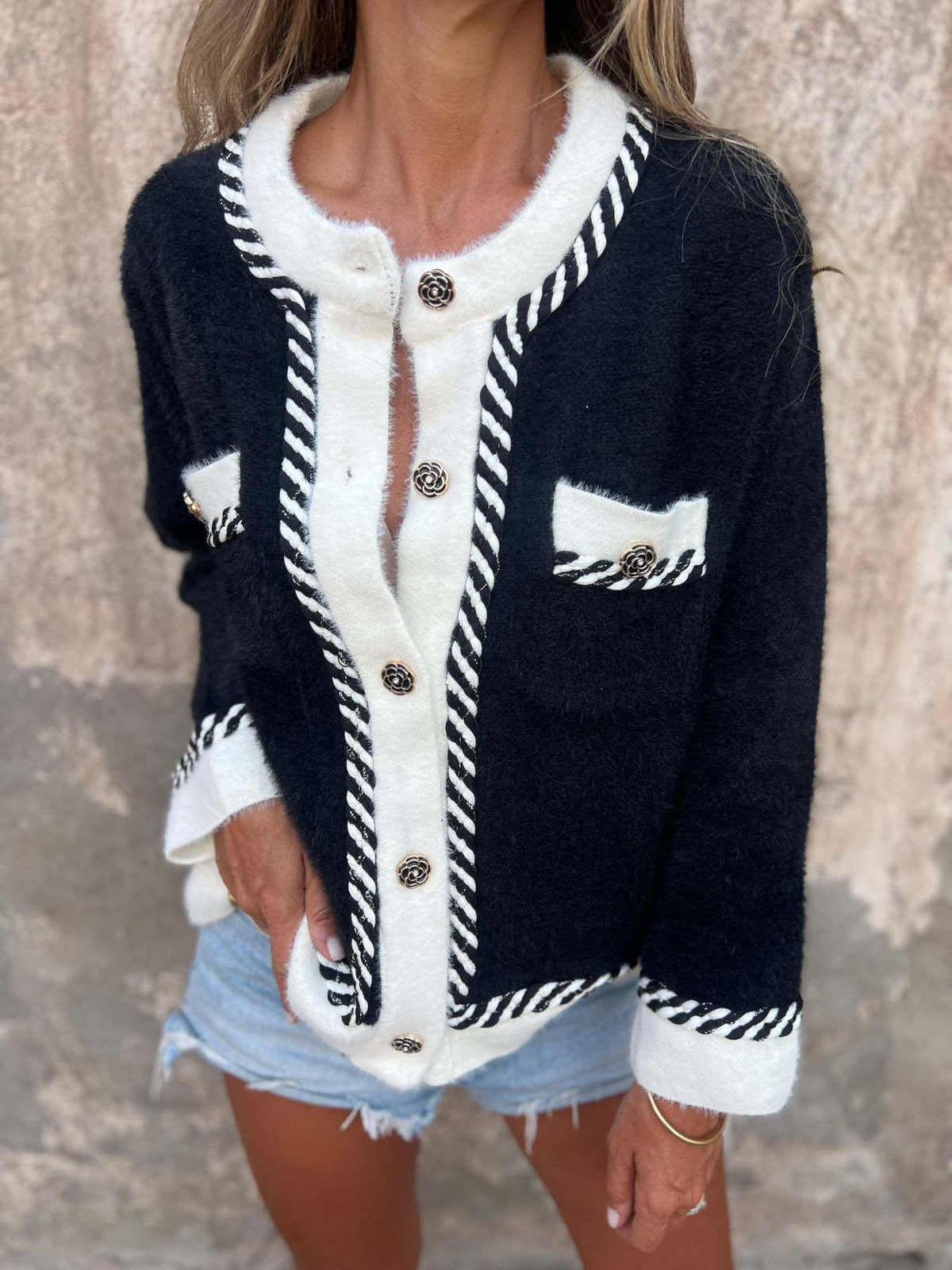 Black and White Button Placket Knit Jacket