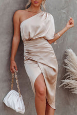 Elegant One Shoulder Satin Drape Midi Dress