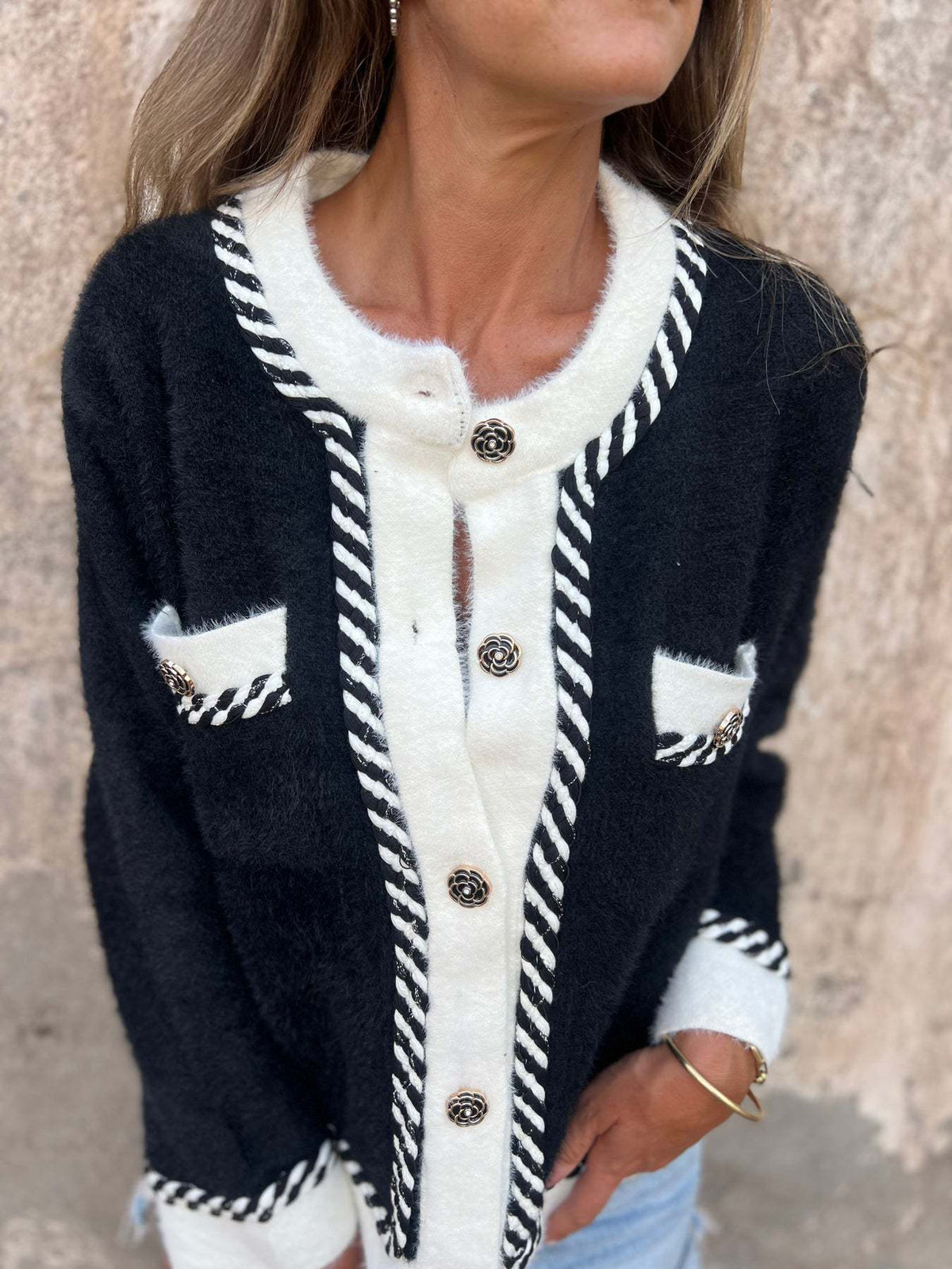 Black and White Button Placket Knit Jacket