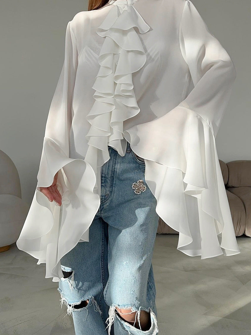 Solid Bell Cuffs Chiffon Ruffled Shirt