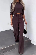 Business Casual Crop Top and Wide-Leg Pants Two Piece Set