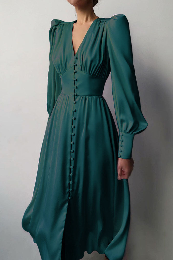 Elegant Lantern Sleeves Satin Midi Dress