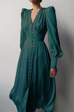 Elegant Lantern Sleeves Satin Midi Dress
