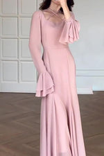 Pink Crossover Neck Flounced Cuff Maxi Dress