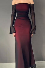 Burgundy Long Sleeves Off Shoulder Midi Dress
