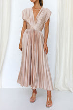 Satin Pleated V-Neck Midi Dress
