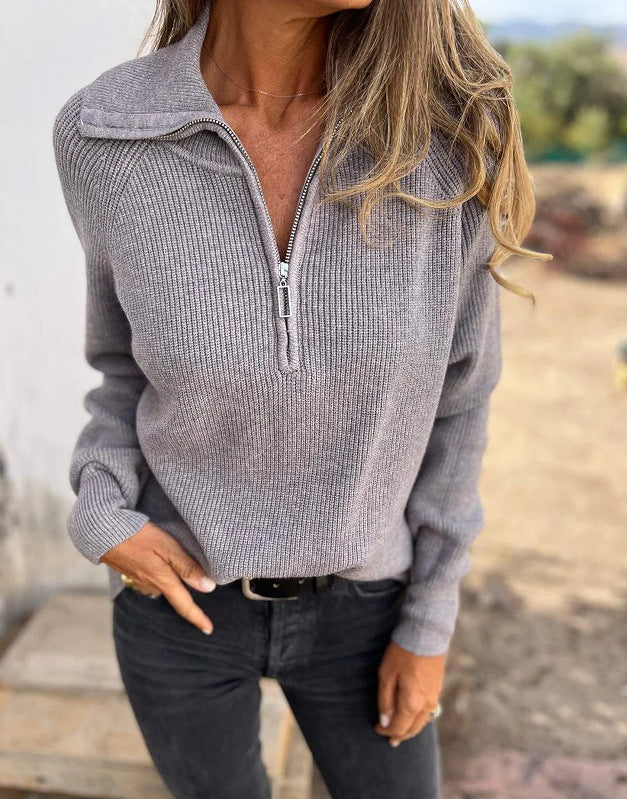 Solid Ribbed Knit Zipper Pullover Sweater