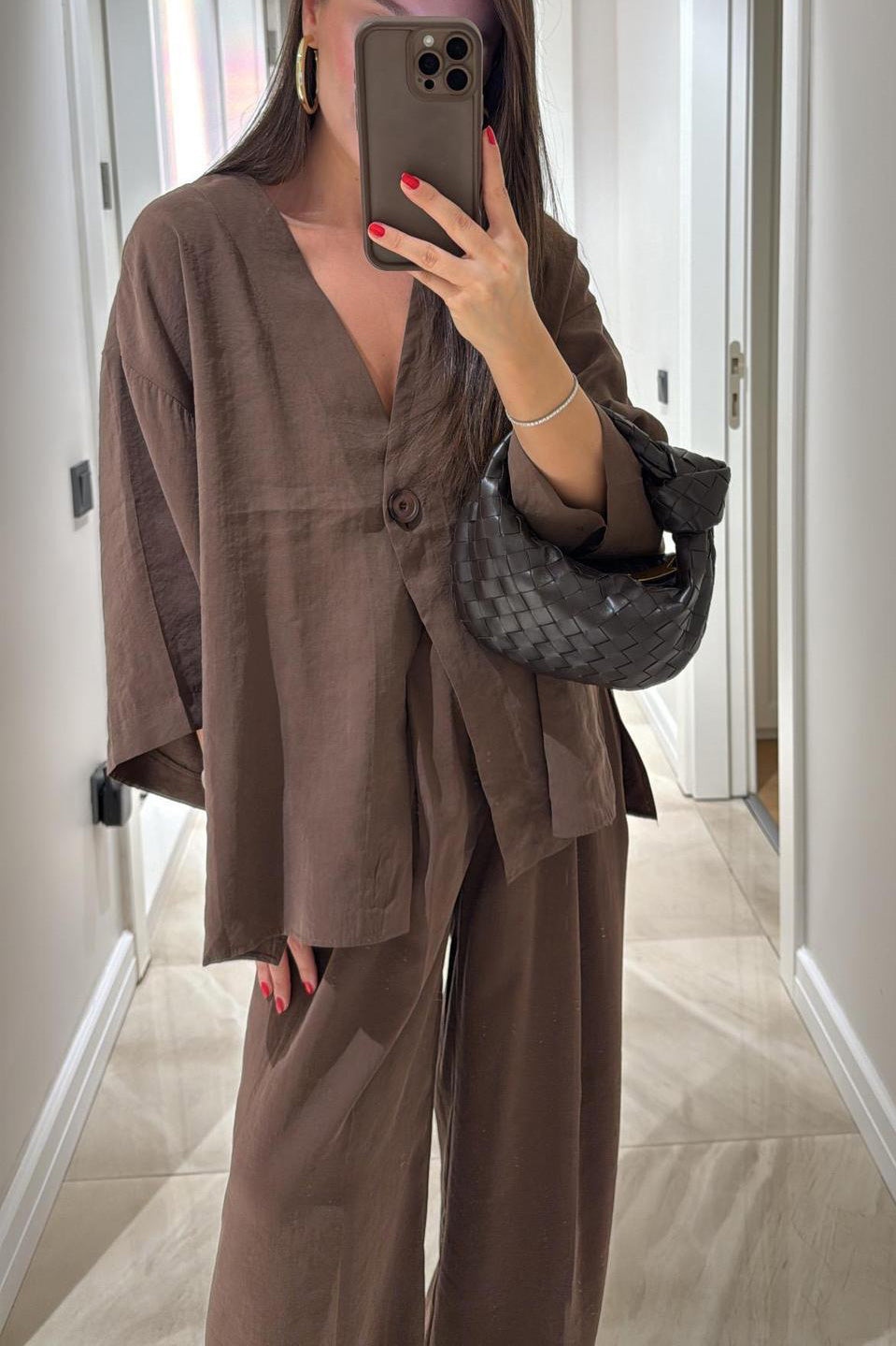 Casual Linen Top and High-Waist Pants Two-Piece Suit