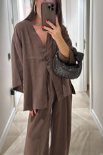 Casual Linen Top and High-Waist Pants Two-Piece Suit