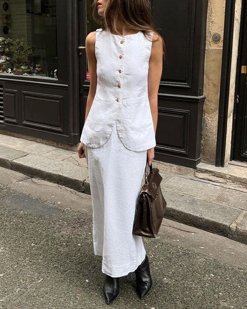 White Sleeveless Vest and Skirt Linen Two Piece Suits