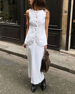 White Sleeveless Vest and Skirt Linen Two Piece Suits