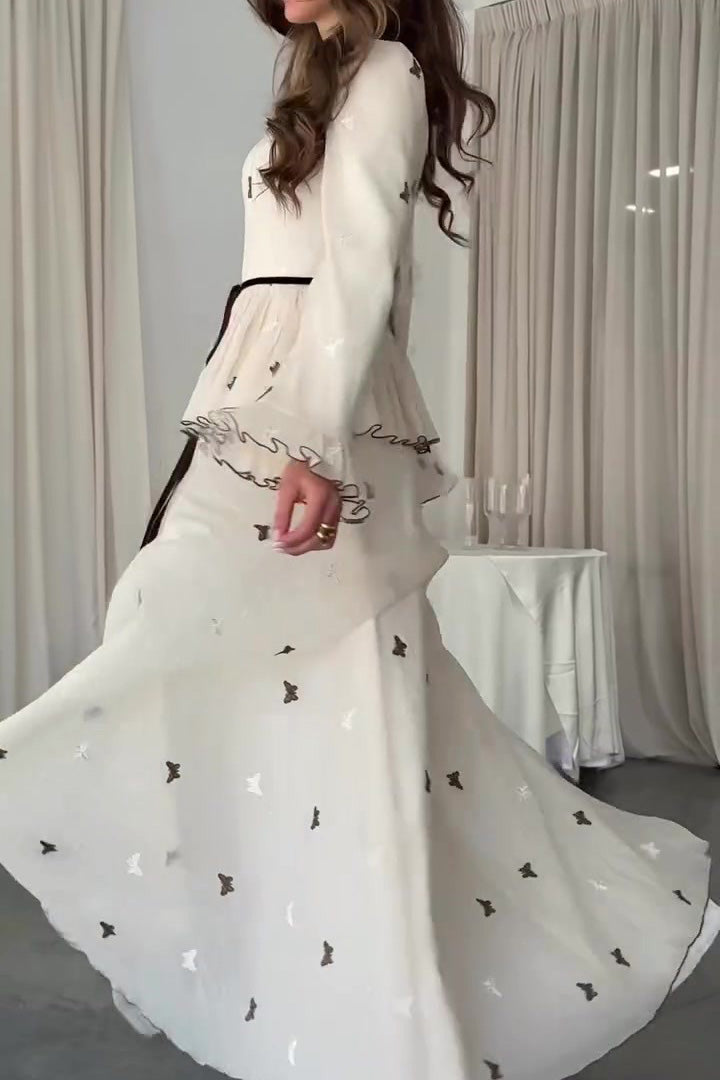 White Embroidery Butterfly Long Sleeves Maxi Dress