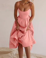 Solid U-neck Waist Pleated Slip Dress