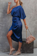 Elegant One Shoulder Satin Drape Midi Dress
