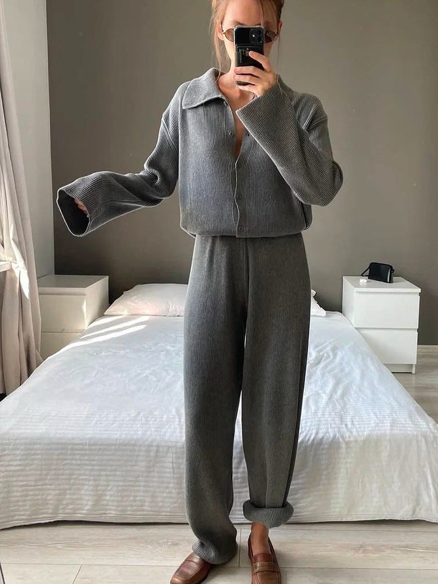Casual Ribbed Knit Jacket and Knit Pants Two-Piece Suit