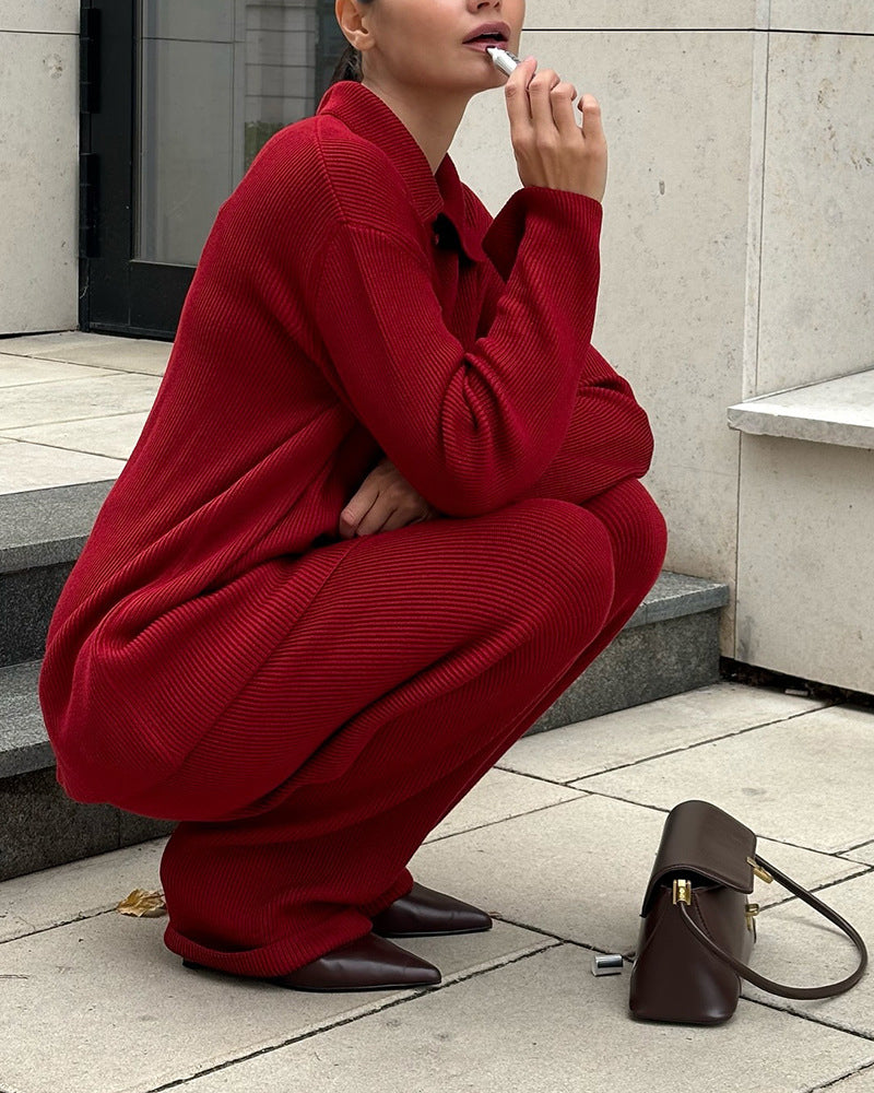 Casual Ribbed Knit Jacket and Knit Pants Two-Piece Suit