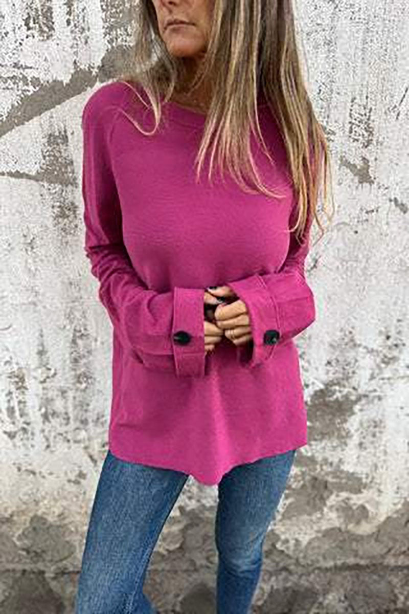 Solid Buttoned Cuff Knit Loose Top