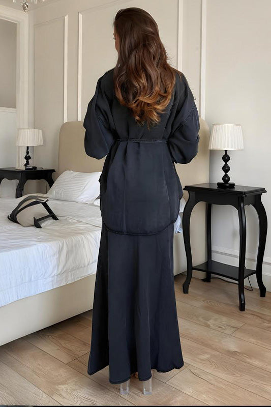 Blue Denim Shirt and Maxi Denim Skirt Two Piece Sets