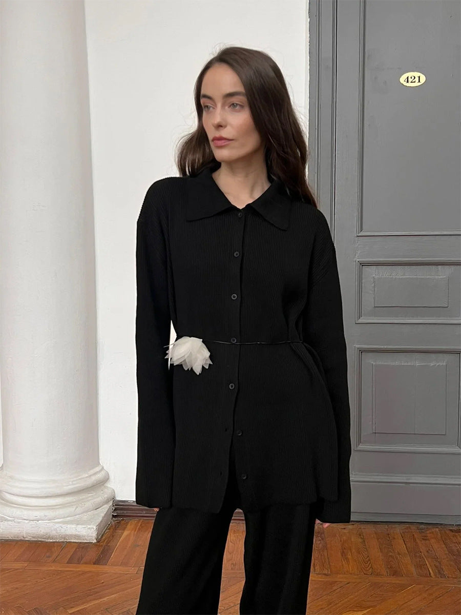 Casual Ribbed Knit Jacket and Knit Pants Two-Piece Suit