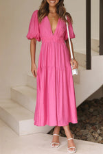 Solid Puff Sleeve Midi Dress