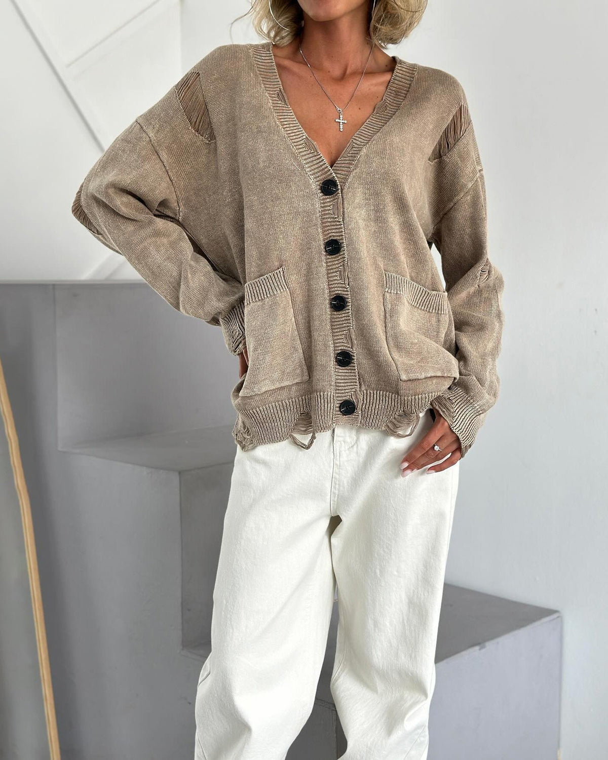 Distressed Front Button Down Cardigan