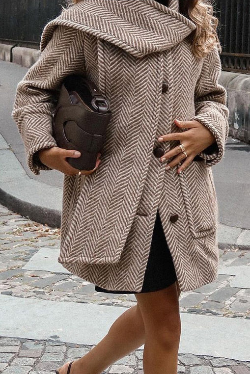 Khaki Striped Scarf Tweed Coat