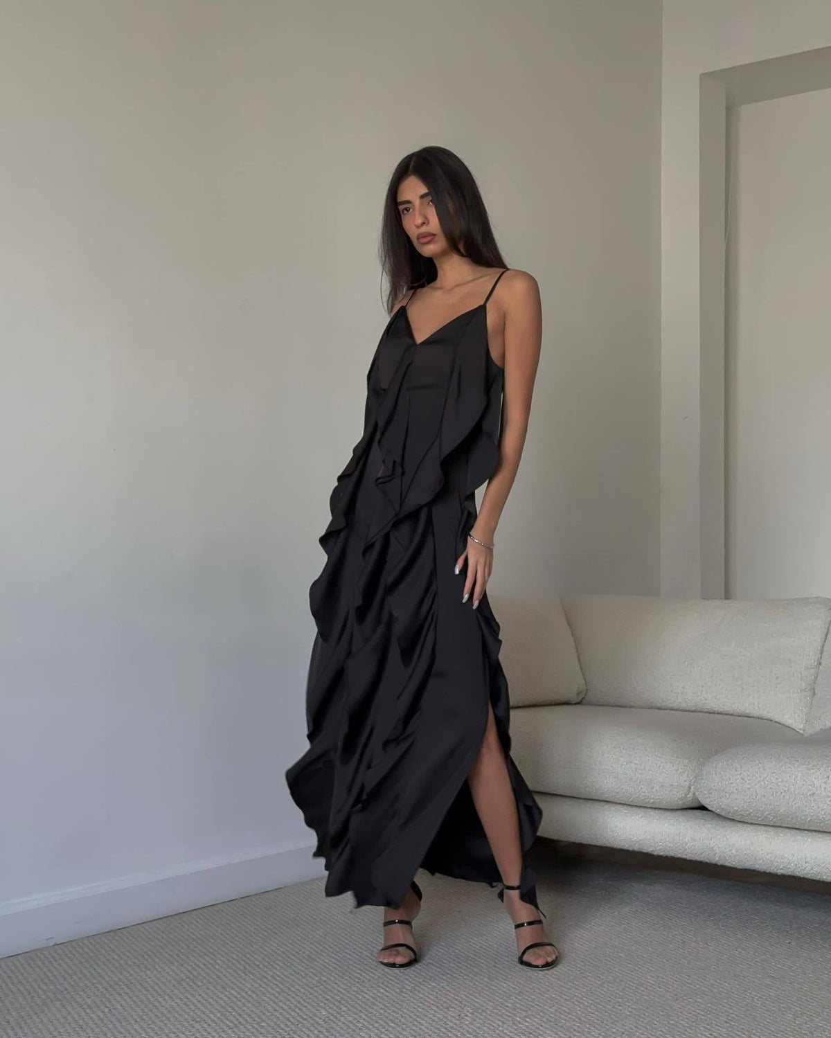 Ruffled High Slit Midi Dress