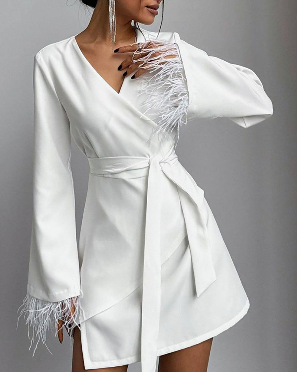 White Feather Cuff Wrap Blazer Dress
