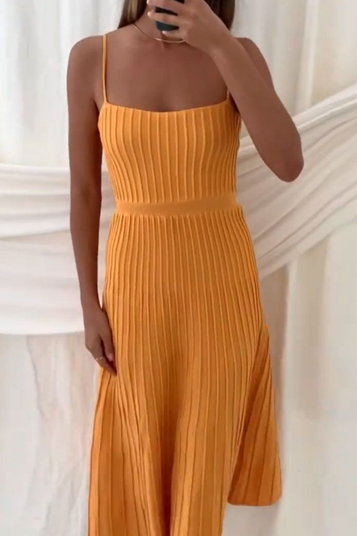 Solid Pleated Knit Slip Midi Dress