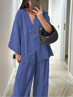 Casual Linen Top and High-Waist Pants Two-Piece Suit