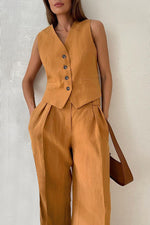 Casual Linen V-neck Vest and Pants Two Piece Suit