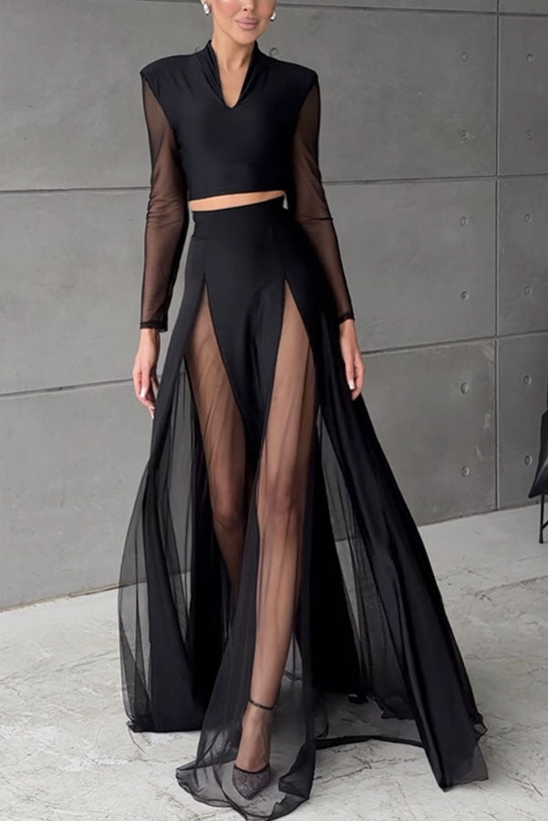 Black Long-Sleeved Top and Mesh Paneled Skirt Two-Piece Set