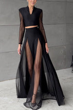 Black Long-Sleeved Top and Mesh Paneled Skirt Two-Piece Set